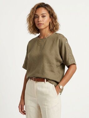 Courtney Rhodes Vintage 100% Fuji Silk Button Top Khaki 6